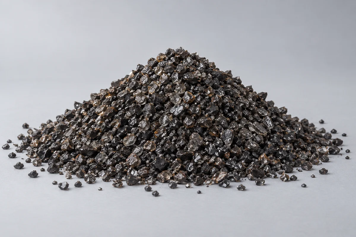 Illustrative mound of dark angular copper slag abrasive grains on a pale grey surface
