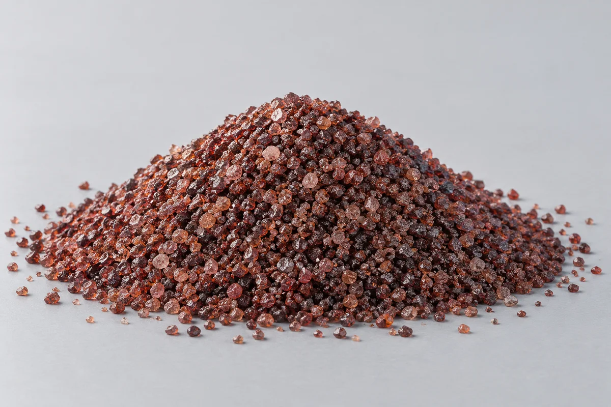 Illustrative mound of reddish-brown garnet abrasive grains on a pale grey surface