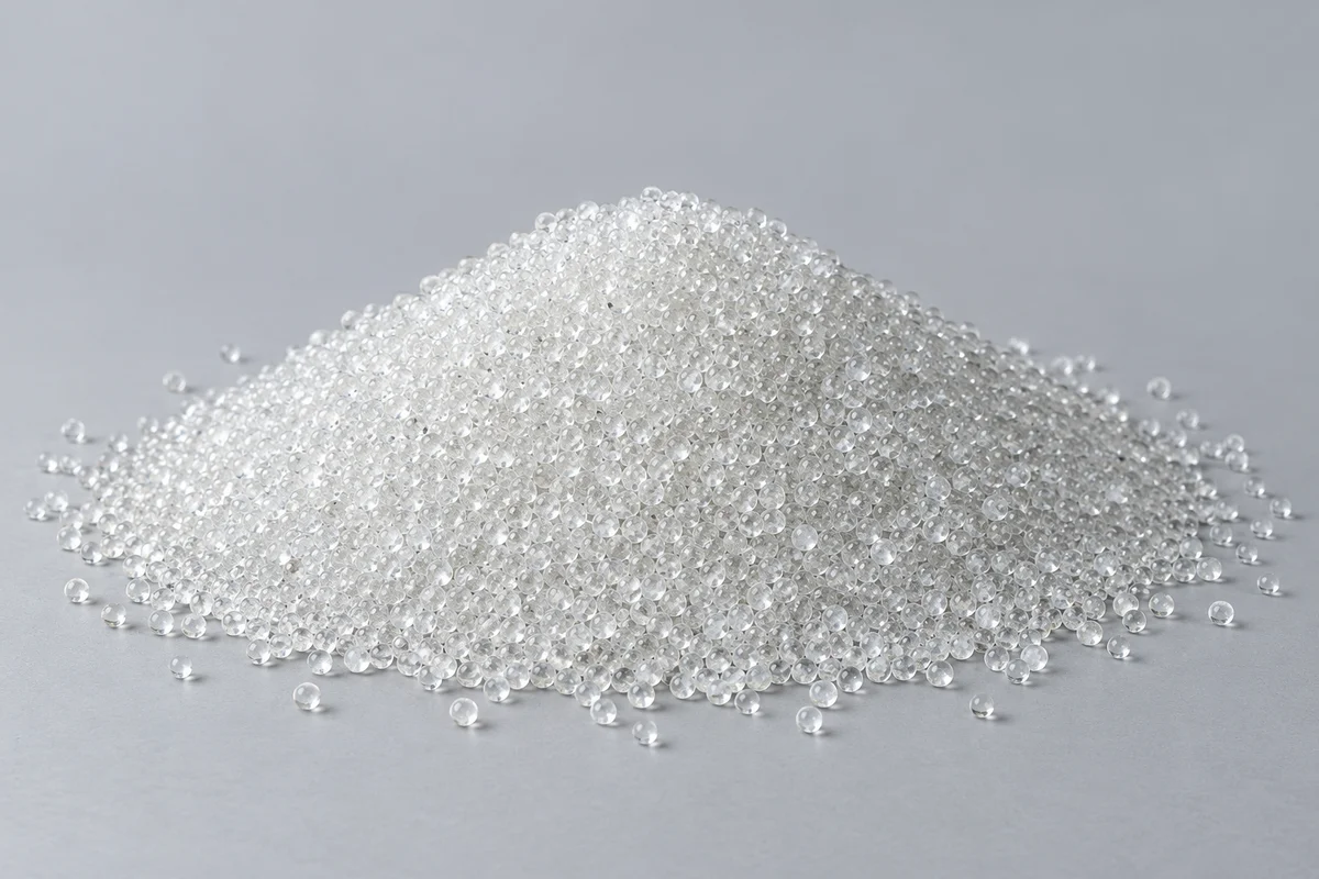 Illustrative mound of clear spherical glass bead blasting media on a pale grey surface